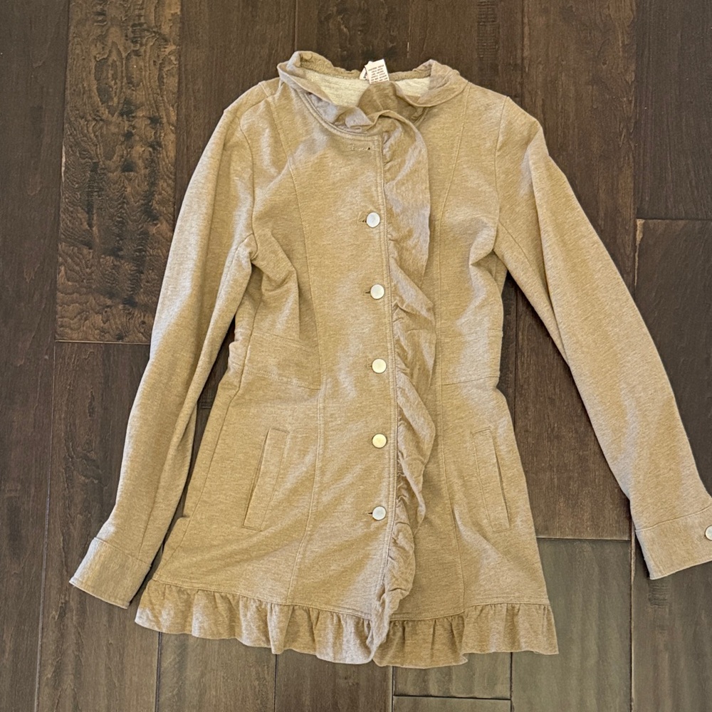 Womens Ruffle-Trim Button Front Blazer Jacket - Beige
